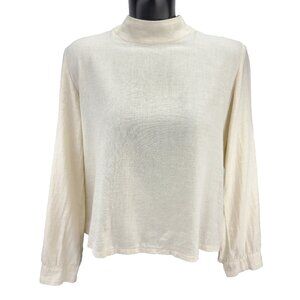 JENNIFER GLASGOW Mock Neck Long Sleeve Back Cutouts Linen Blend Cream Blouse M